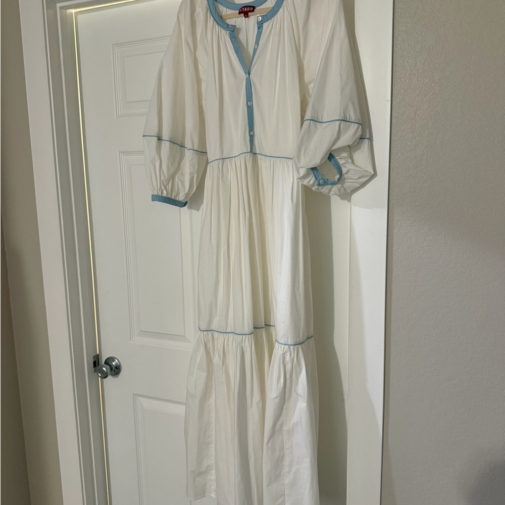 STAUD White Maxi Dress with Light Blue Trim